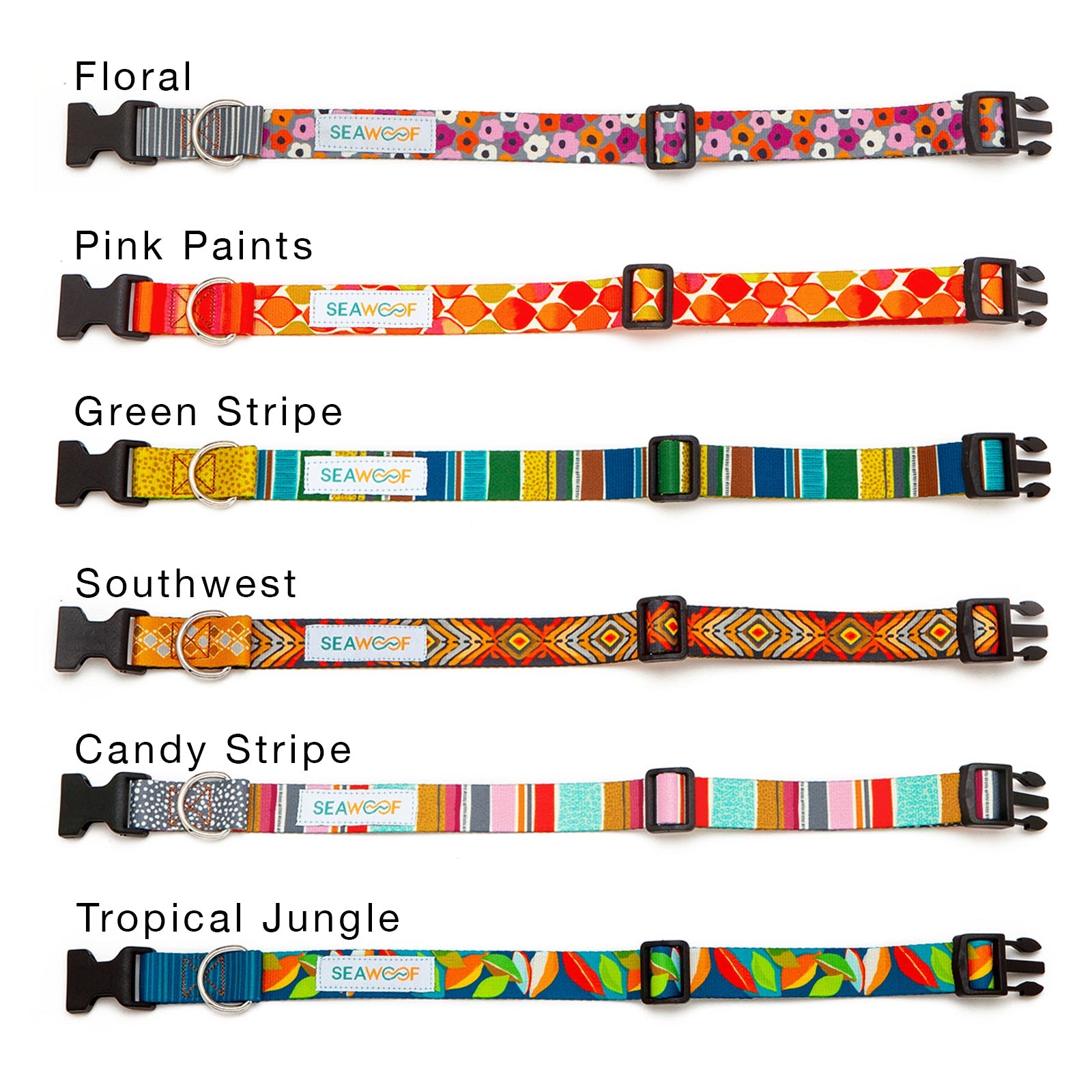 Collection of colorful dog collars with different patterns on a white background
