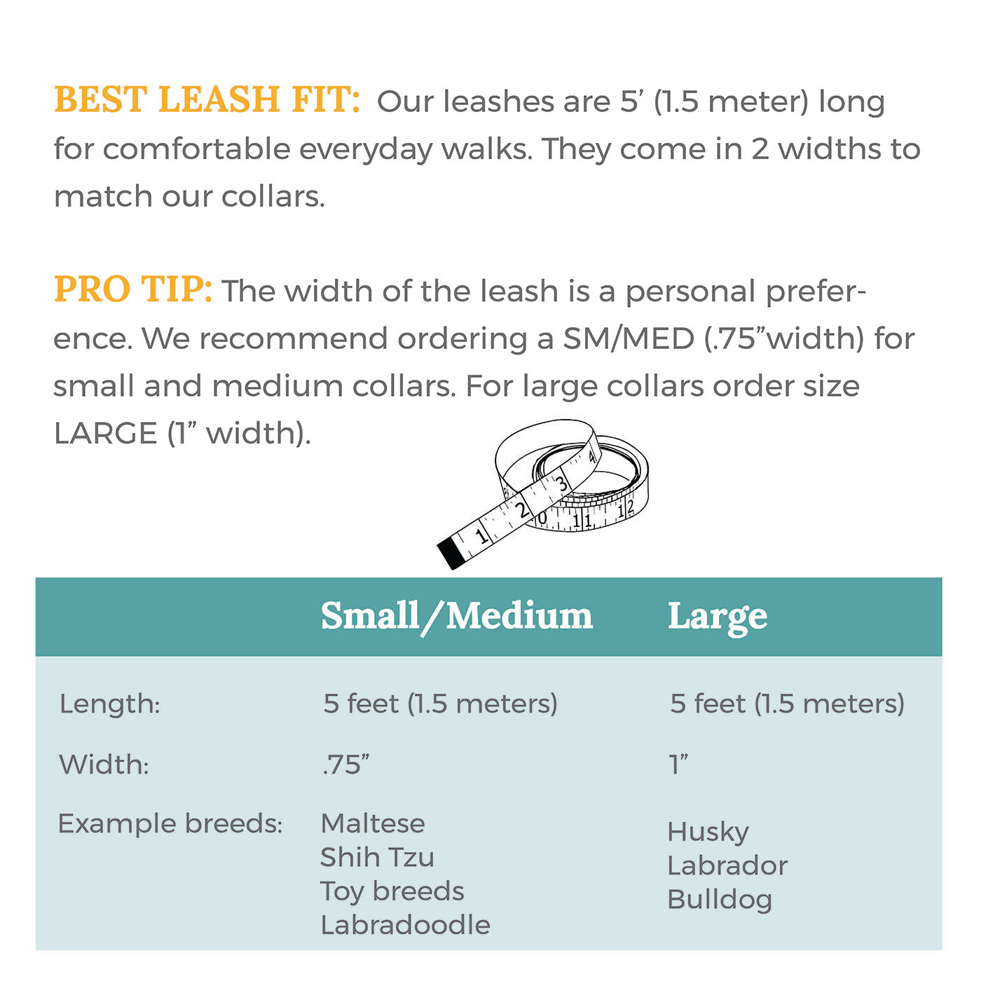Leash size chart with recommendations for different collar sizes on a white background.