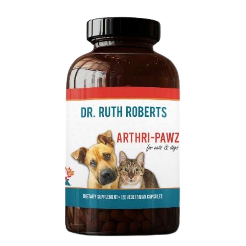 Bottle of Dr. Ruth Roberts Arthri-Pawz dietary supplement for pets on a white background