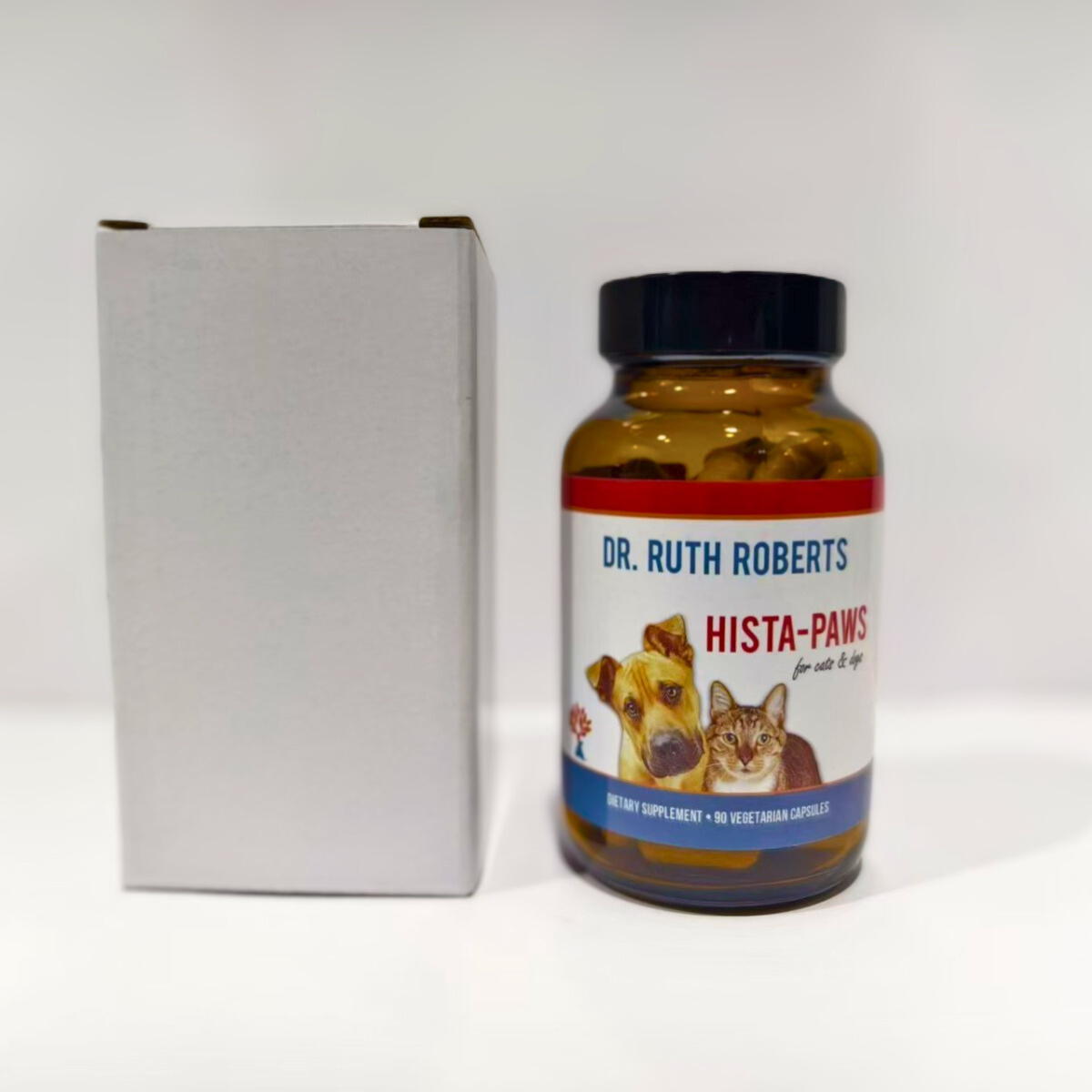 Bottle of Dr. Ruth Roberts Hista-Paws dietary supplement for pets on a white background