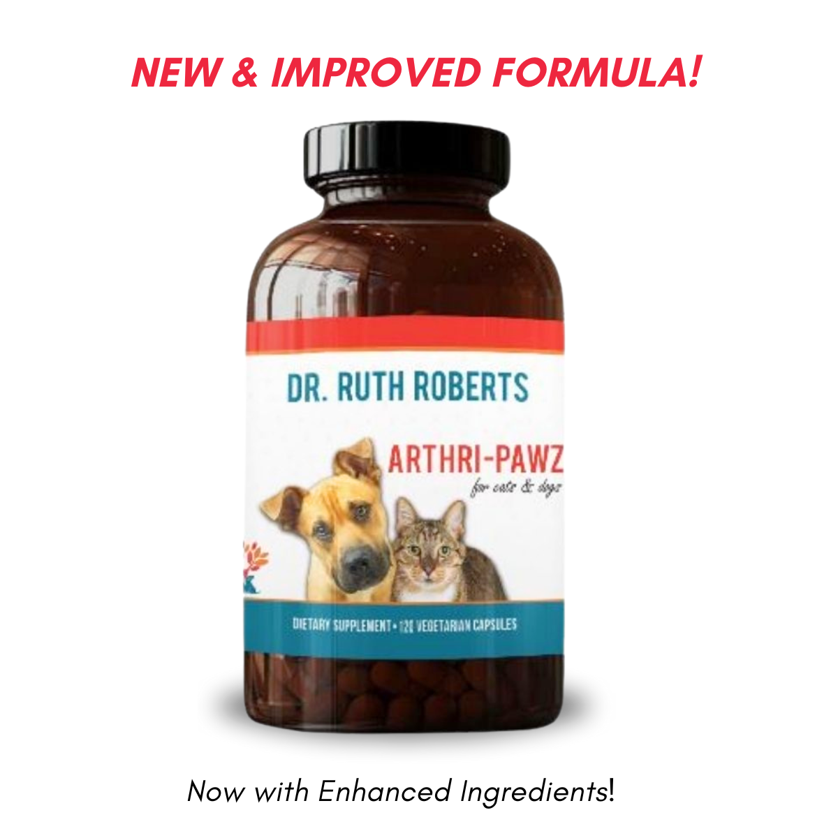 Bottle of Dr. Ruth Roberts Arthri-Pawz dietary supplement for pets on a white background