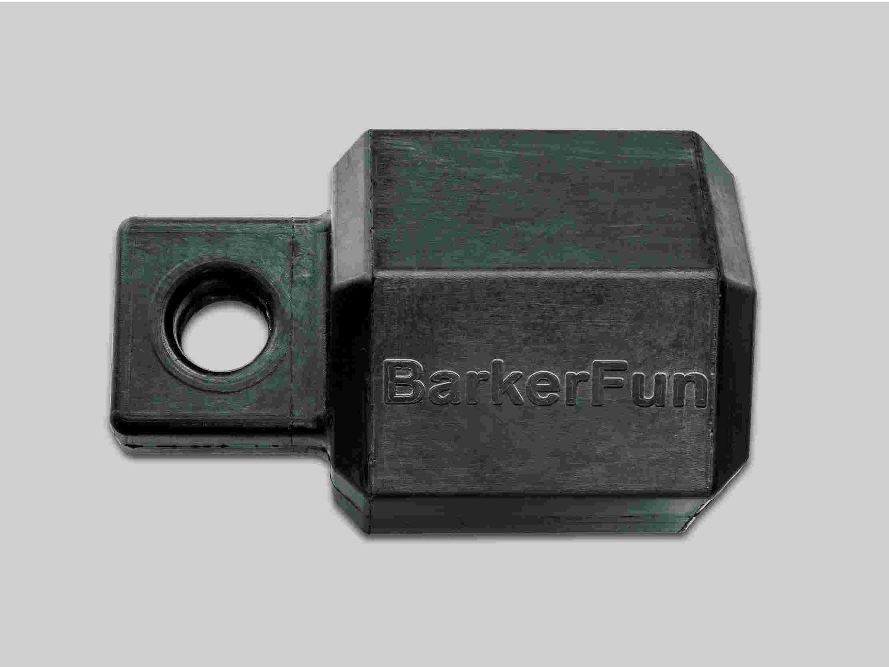 Black rubber dog treat dispenser with BarkerFun stamped on it.