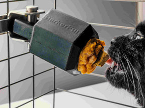 Cat licking food stuffed inside rubber treat dispenser.