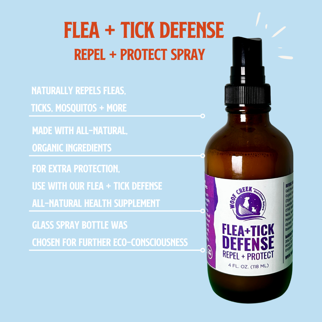 Flea and tick defense spray bottle with product details on a light blue background