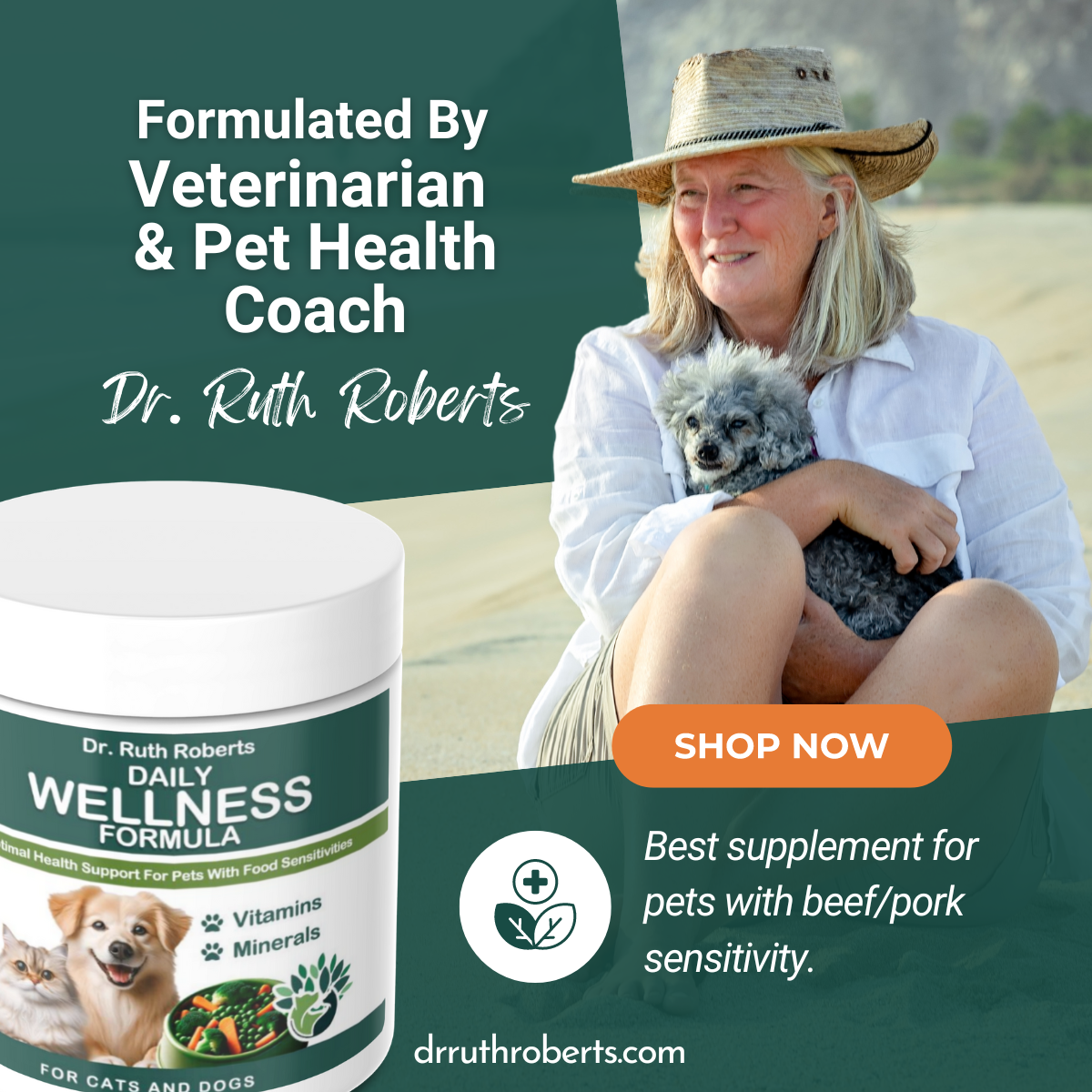 Advertisement for Dr. Ruth Roberts Daily Wellness Formula supplement with a woman holding a dog outdoors.