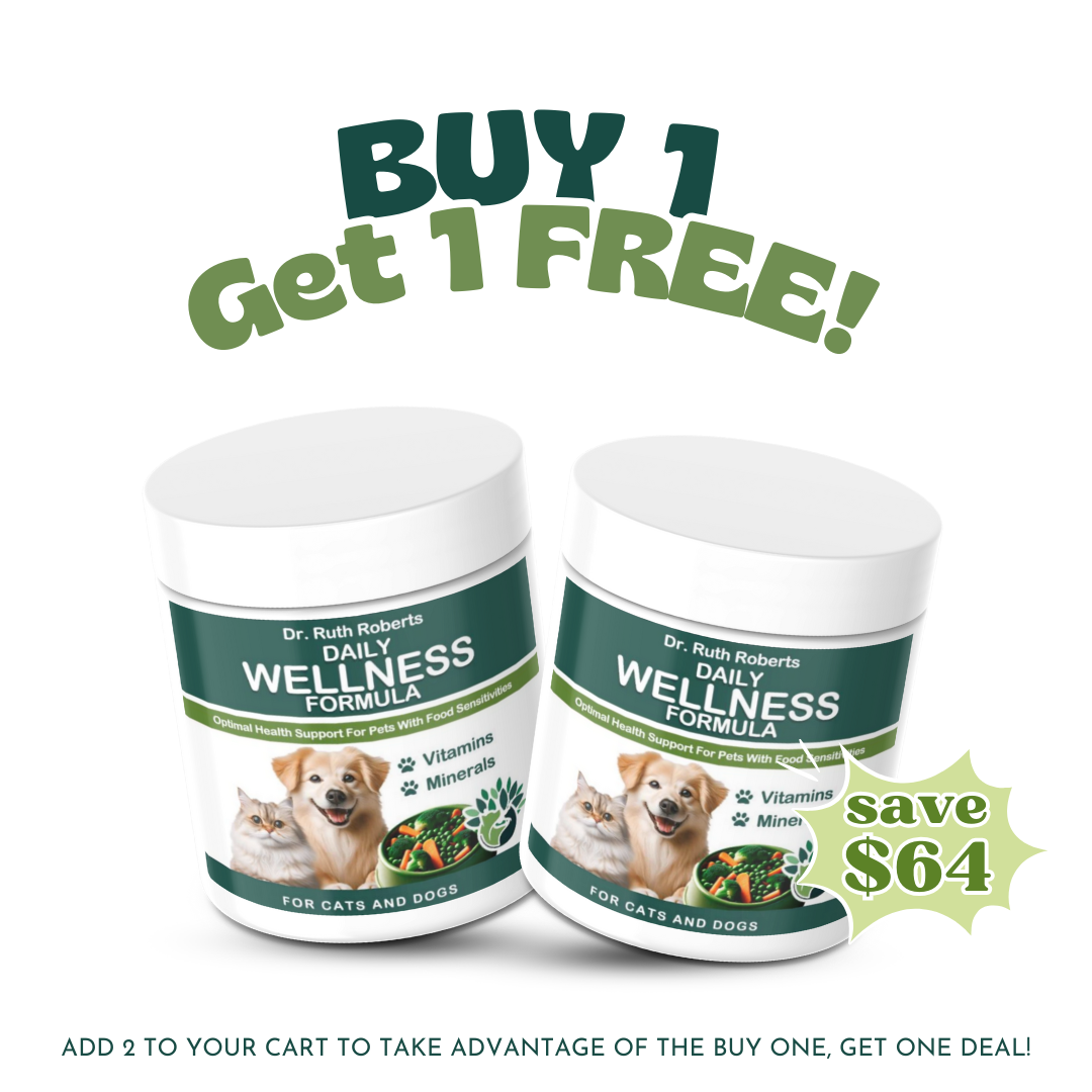 Two containers of Dr. Ruth Roberts Daily Wellness Formula for pets with promotional text on a white background.