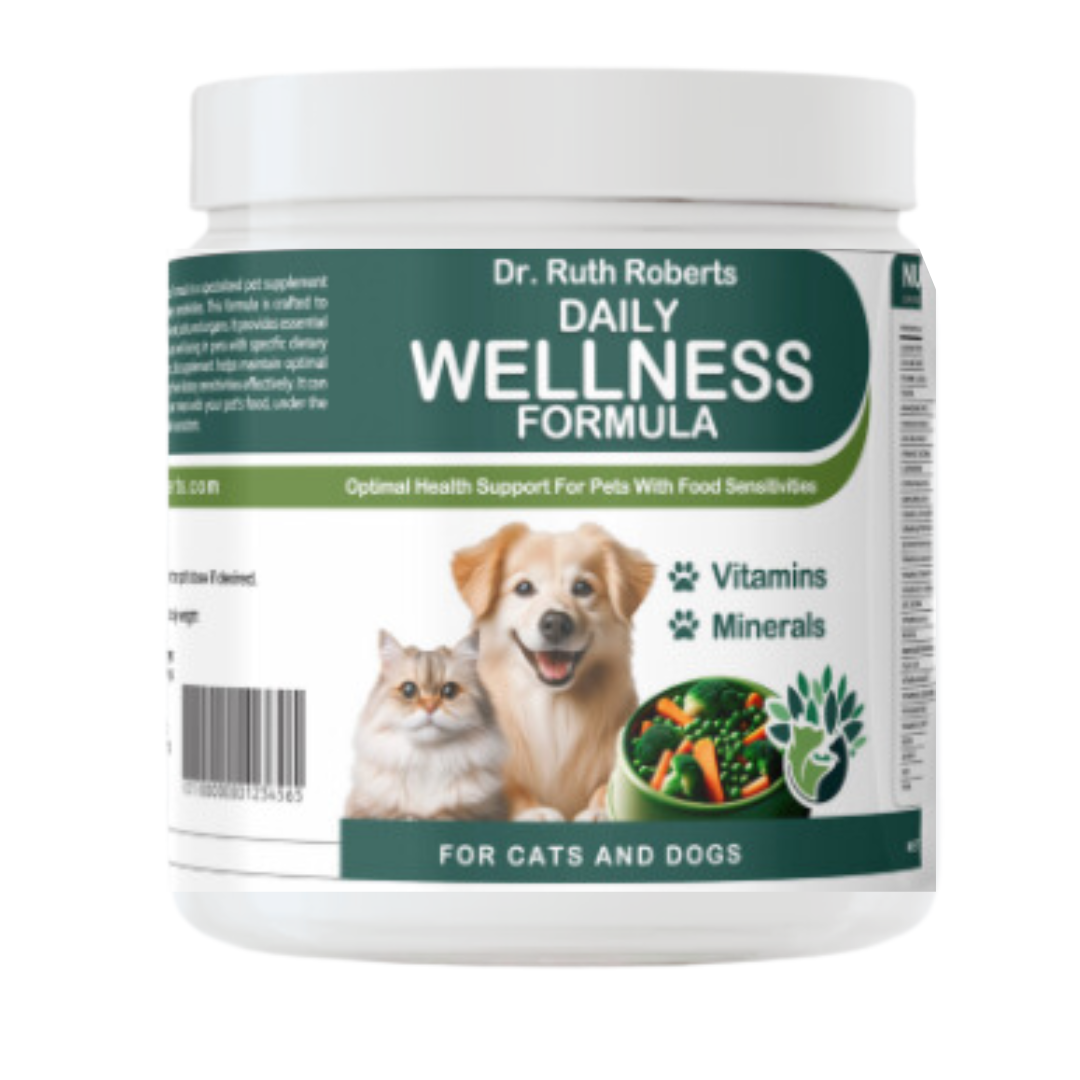 Dr. Ruth Roberts Daily Wellness Formula supplement container for cats and dogs on a white background