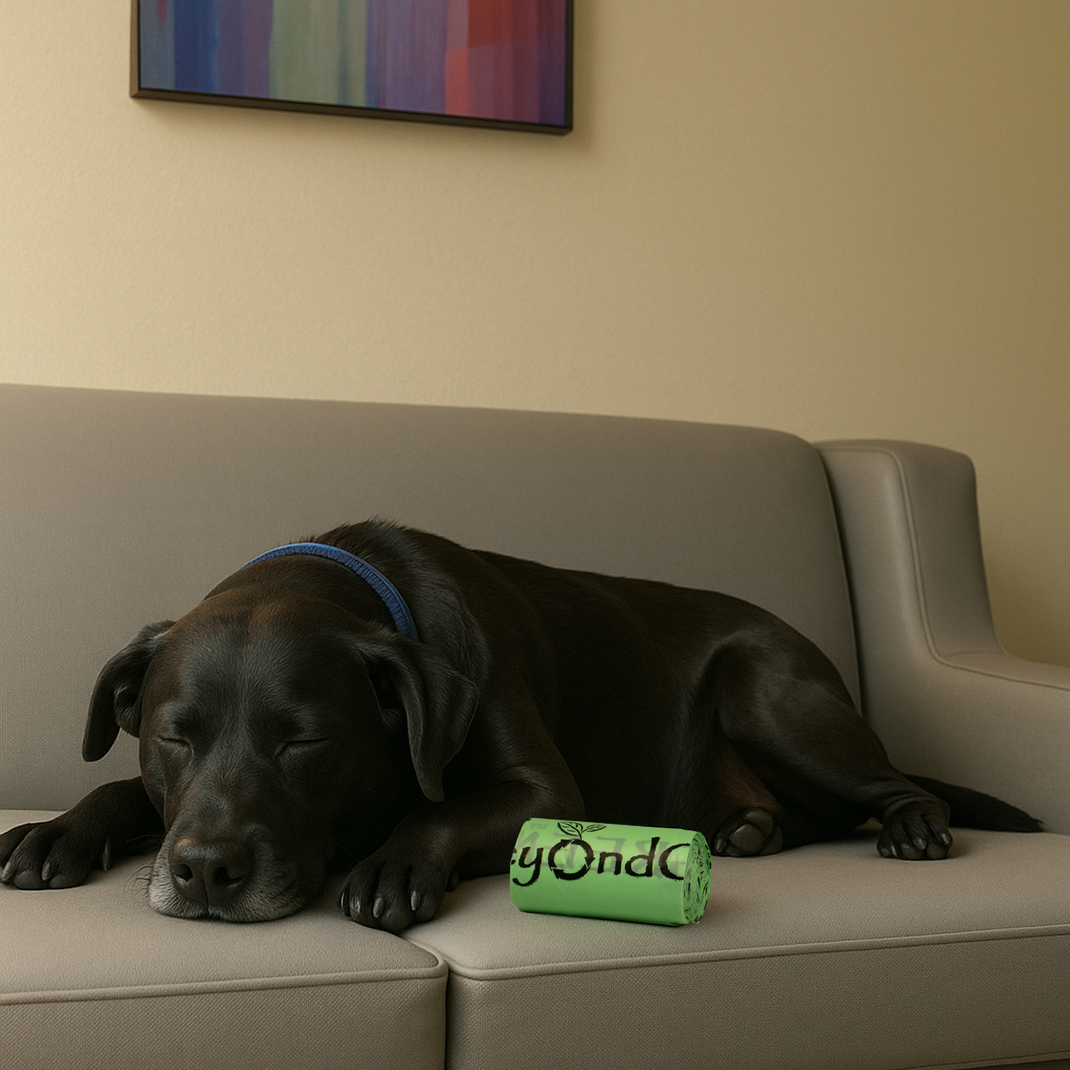 Dog sleeping on a couch with a roll of green popp bags next to it, against a beige wall with a colorful abstract painting.
