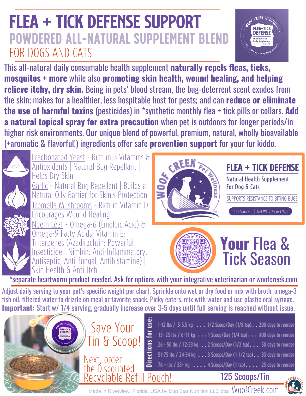 Flea and tick defense support supplement blend for dogs and cats with product details and branding.