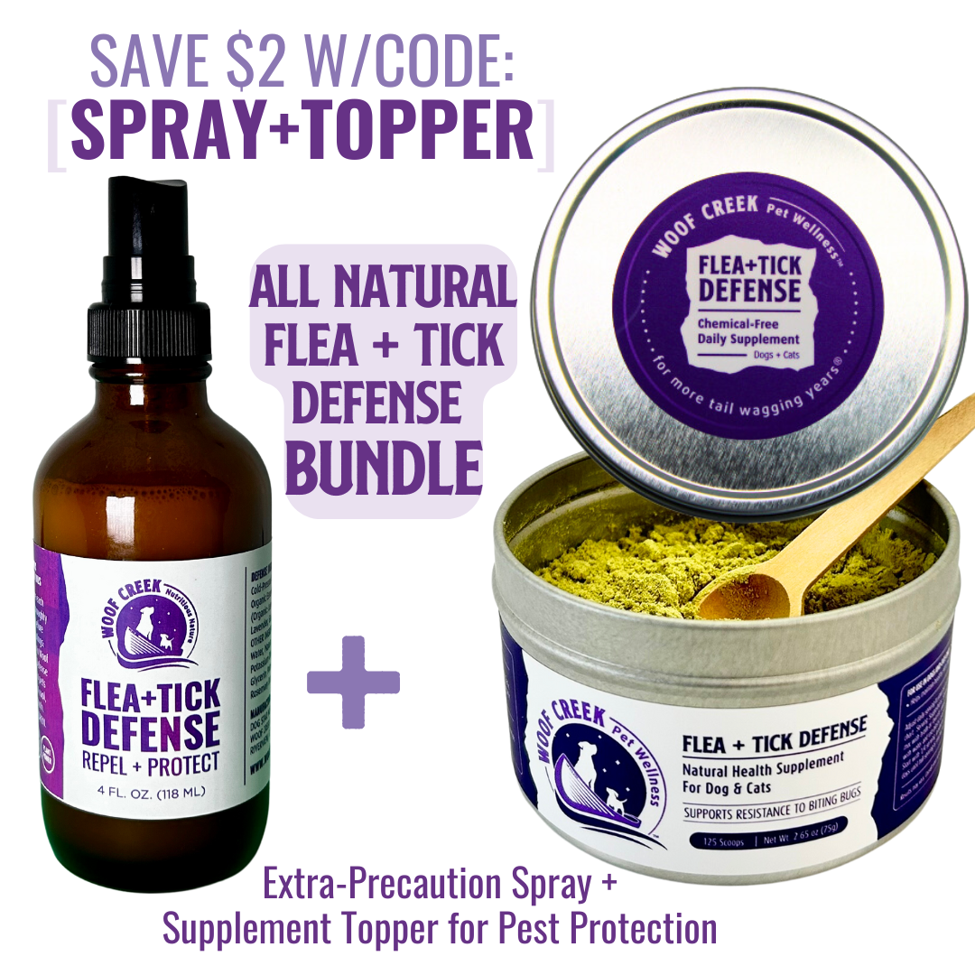 Woof Creek Flea + Tick Defense bundle with spray bottle and supplement container on a white background.