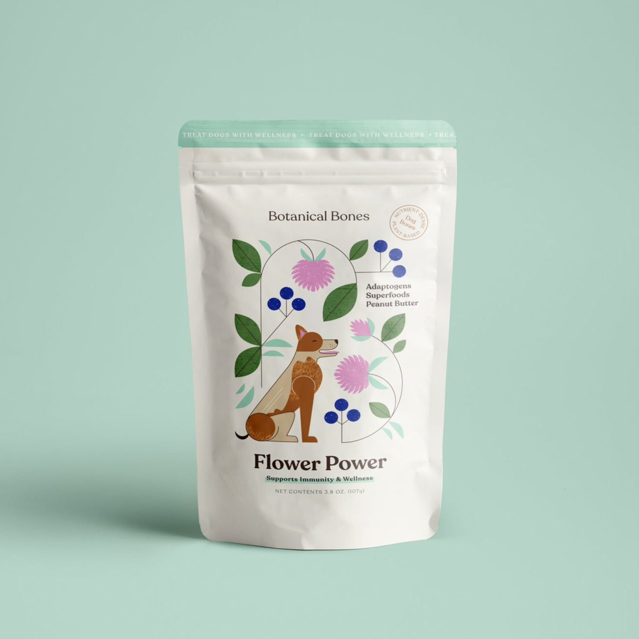 Pouch of reishi mushroom dog treats labeled 'Flower Power' with botanical design on a light green background