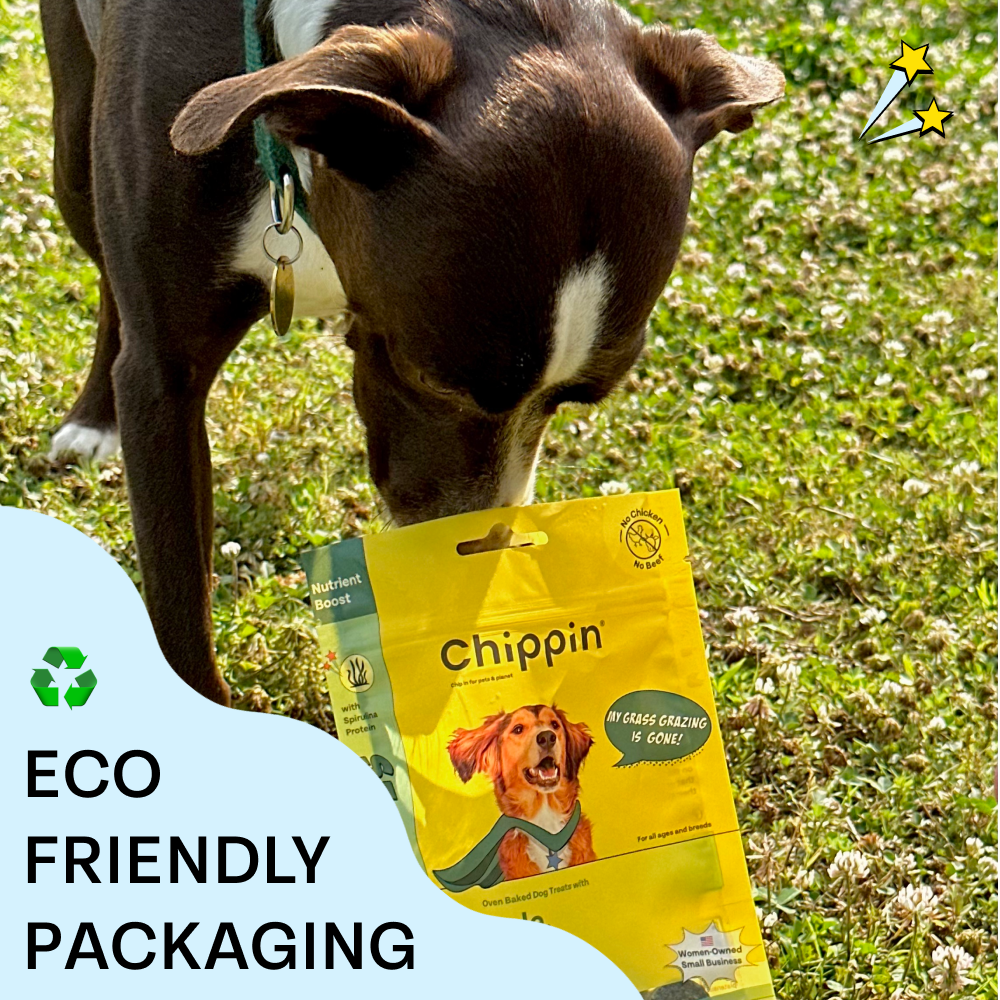 Dog dipping it's nose into the bag of Chippin vegan dog treats and it says Eco Friendly Packaging.