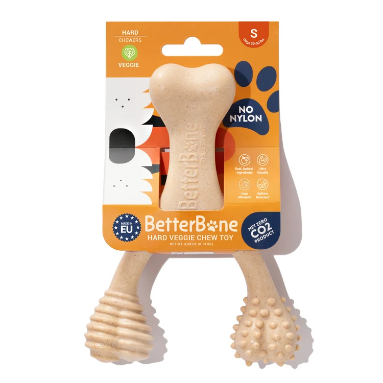 betterbone size small, hard density and veggie flavor on white background.