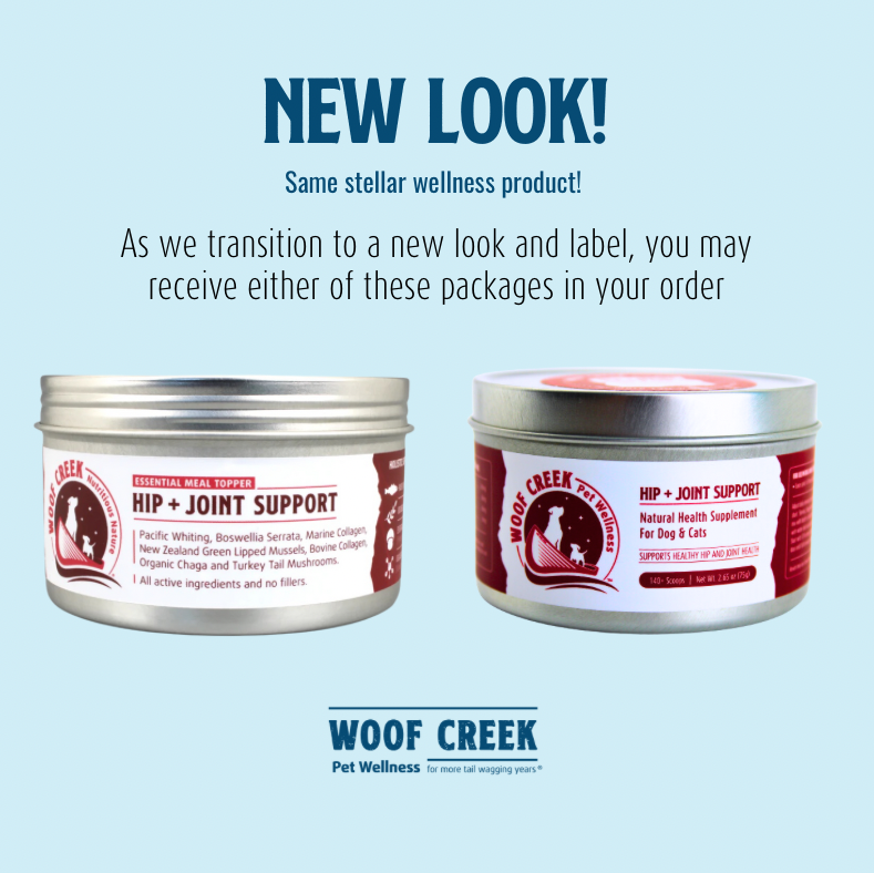 Two containers of Woof Creek Hip + Joint Support on a light blue background with text about a new look.