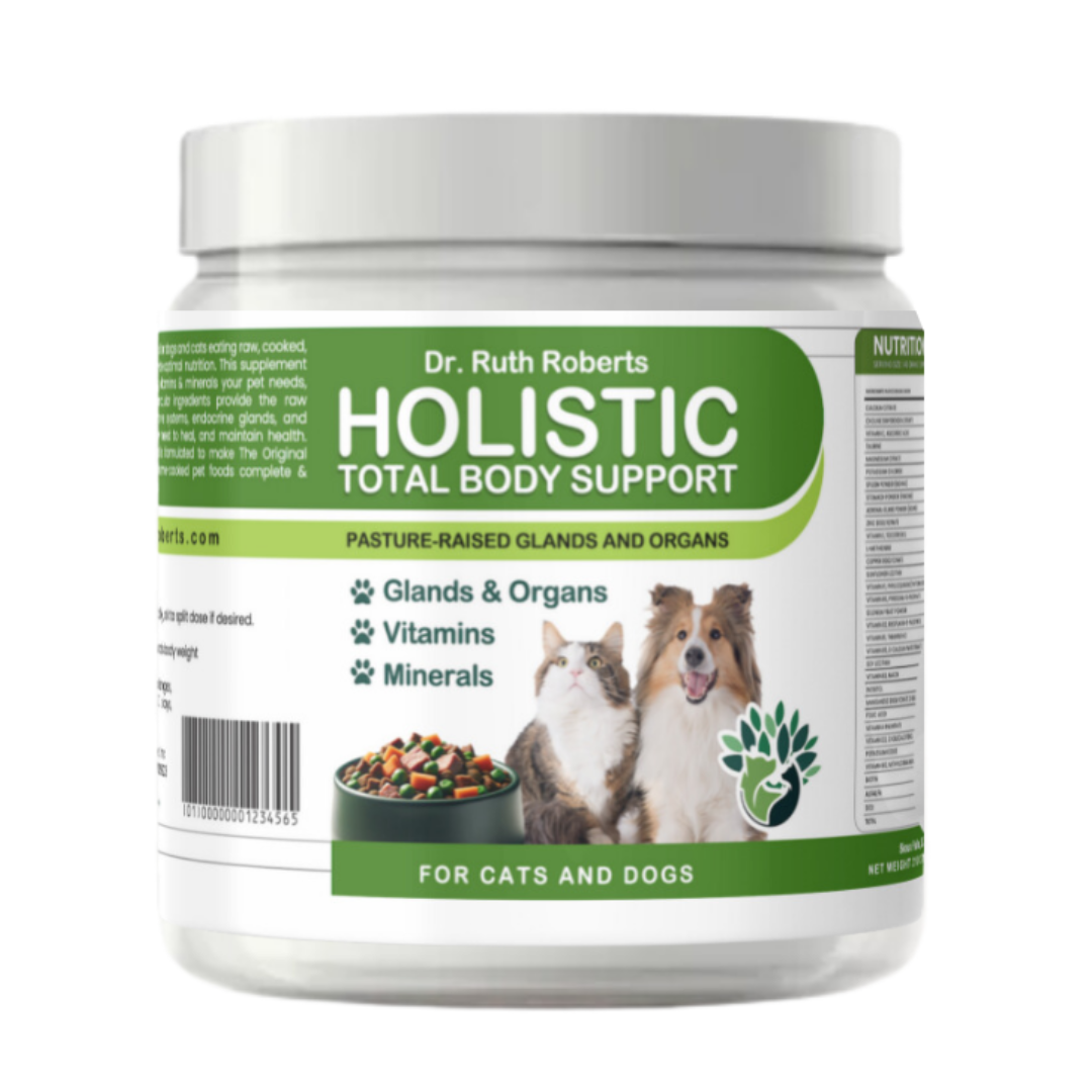 Dr. Ruth Roberts Holistic Total Body Support supplement container for cats and dogs on a white background