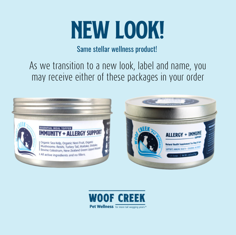 Two pet wellness product tins with labels on a light blue background, featuring the Woof Creek brand.