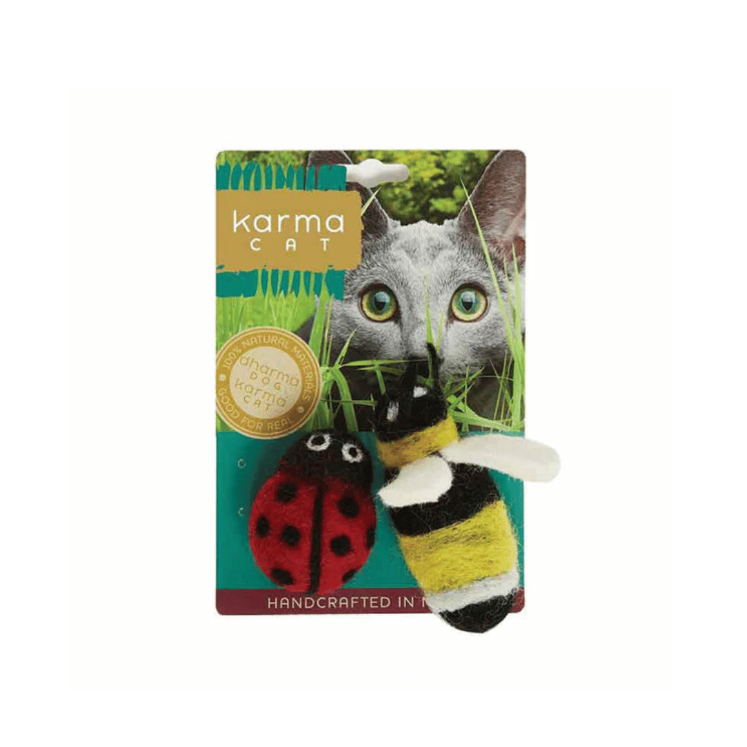 Ladybug and bee cat toy on karma cat packaging