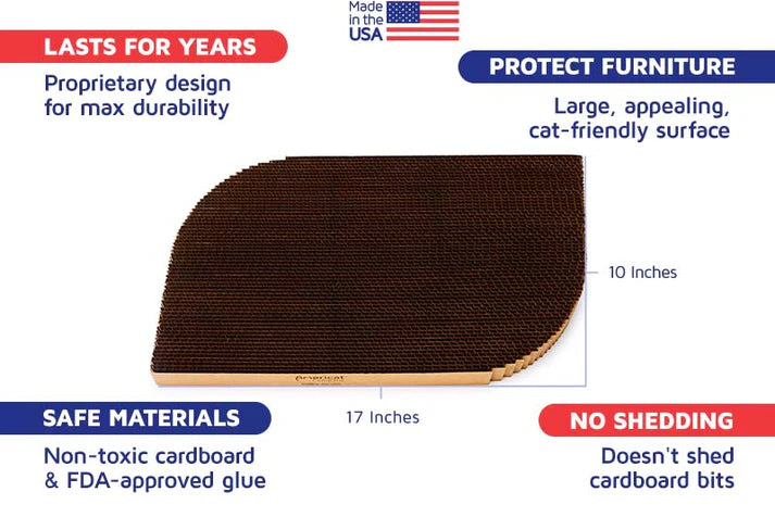 Cat scratcher with features like non-toxic and durable listed on a white background