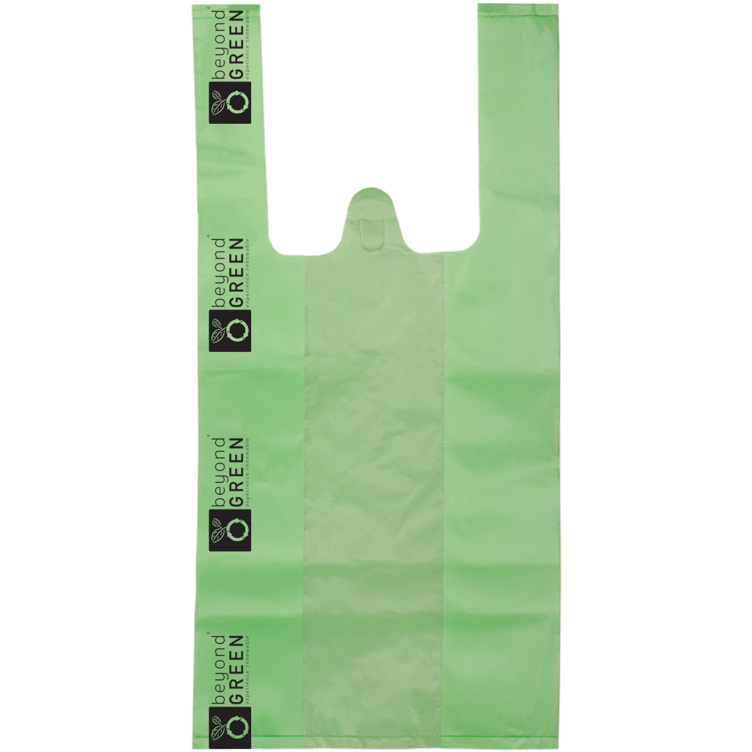 Green plastic bag with 'Beyond Green' logo on a white background