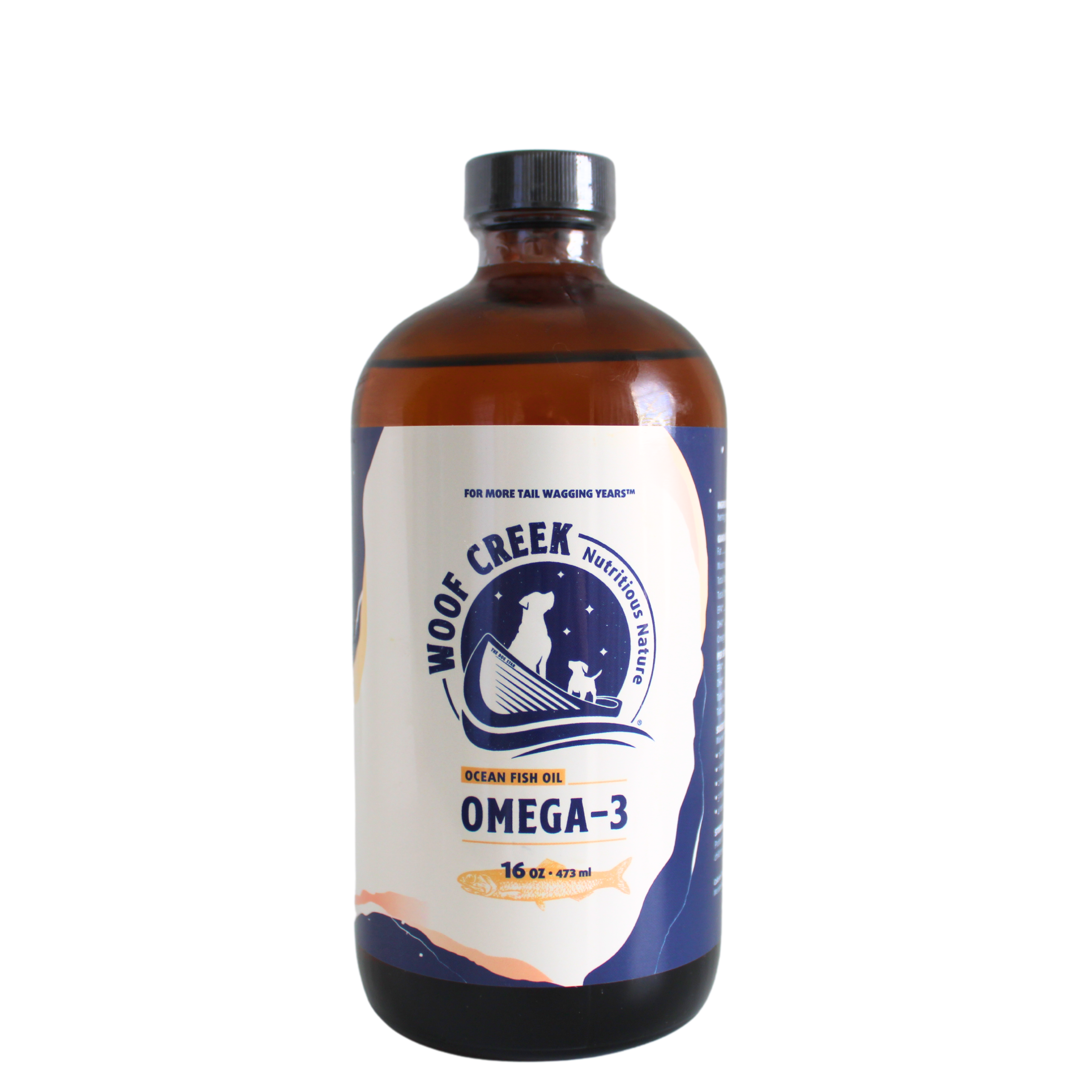 Bottle of Woof Creek Omega-3 fish oil on a white background