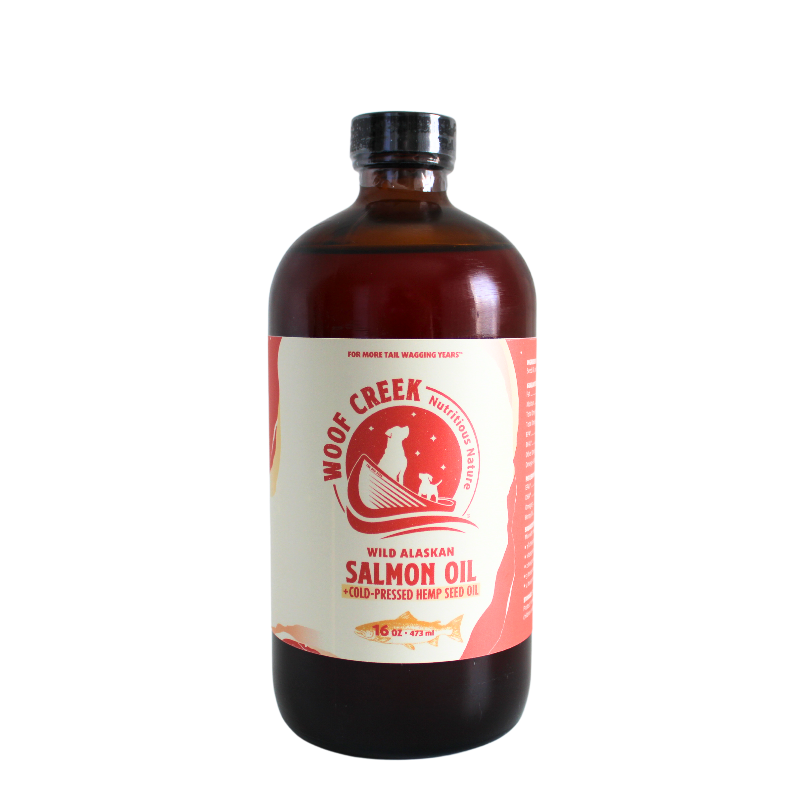 Bottle of Woof Creek Wild Alaskan Salmon Oil on a white background