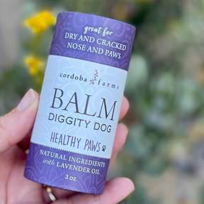 Hand holding Cordoba Farms Balm Diggity Dog Balm