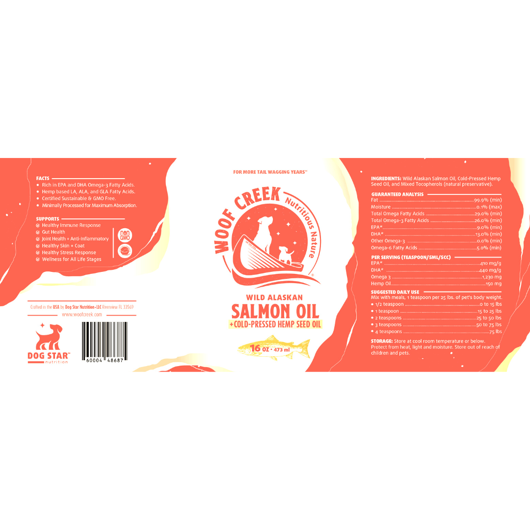 Woof Creek Wild Alaskan Salmon Oil label on a white background