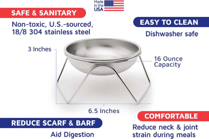 Stainless steel cat bowl with features highlighted on a white background