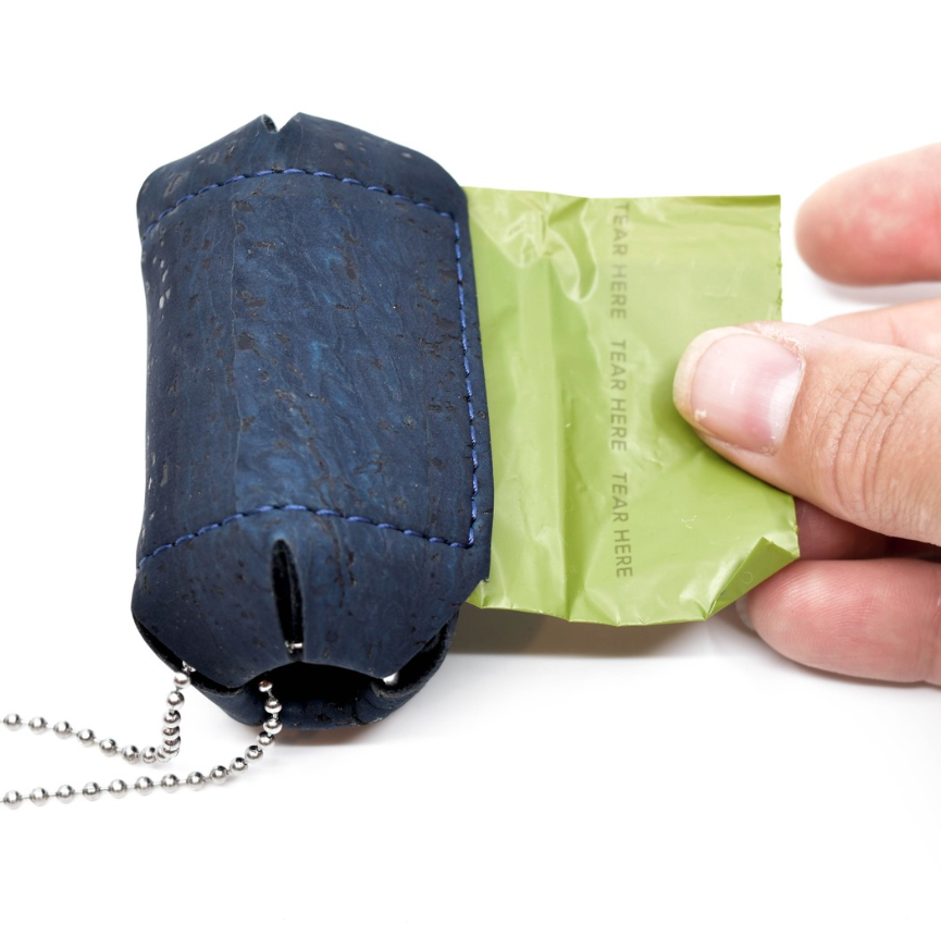 Blue Cork Poop Bag Holder close up