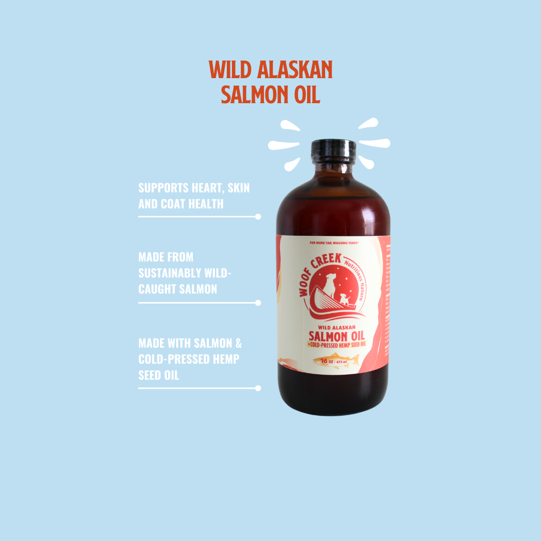 Bottle of Wild Alaskan Salmon Oil with product details on a light blue background