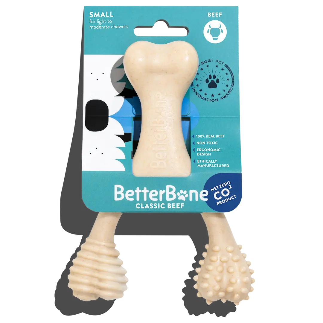 better bone chew toy for puppies in a wishbone shape in it's retail packaging