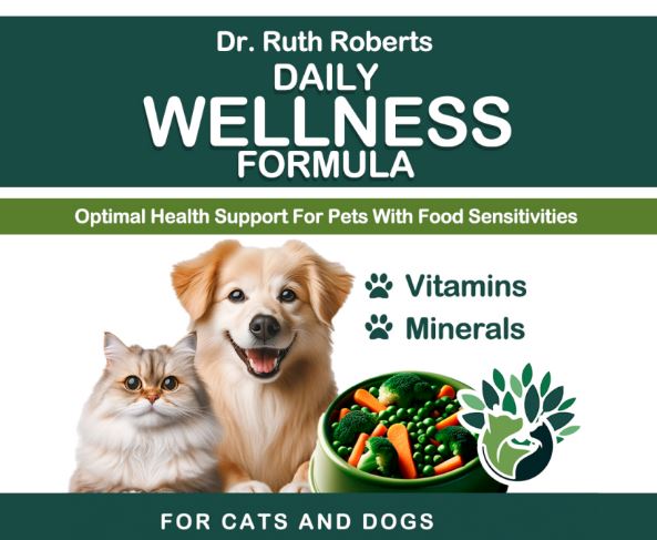 Advertisement for Dr. Ruth Roberts Daily Wellness Formula for pets with food sensitivities, featuring a dog and cat with a bowl of food.
