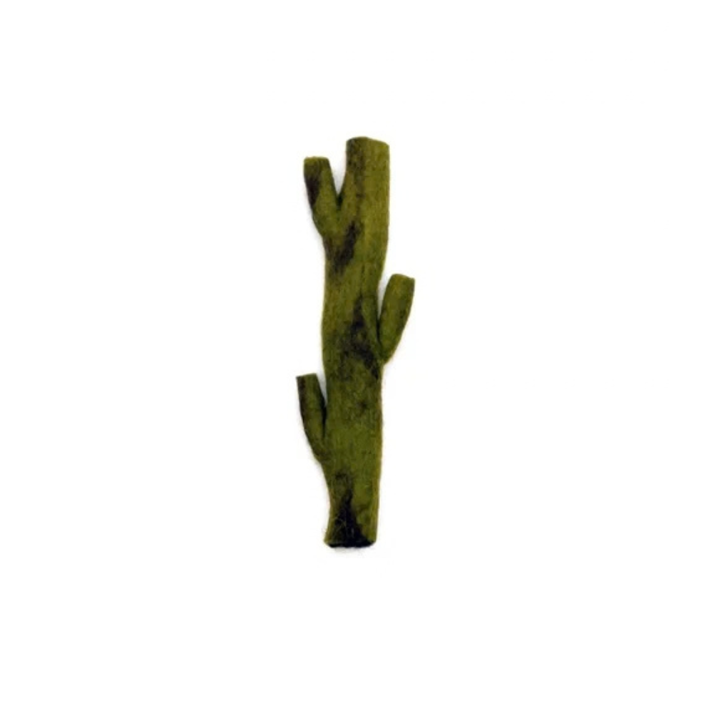 green wool dog toy shaped like a stick on a white background