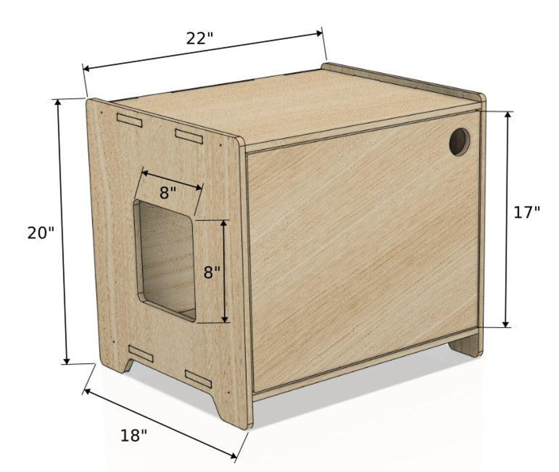 Wooden cat litter box with dimensions labeled on a white background