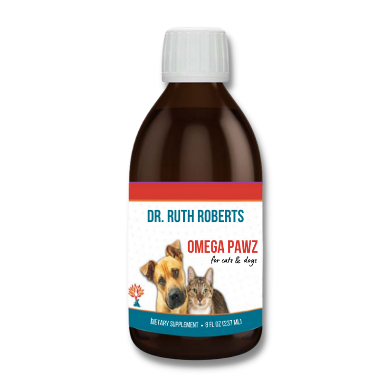 Bottle of Dr. Ruth Roberts Omega Pawz supplement for cats and dogs on a white background