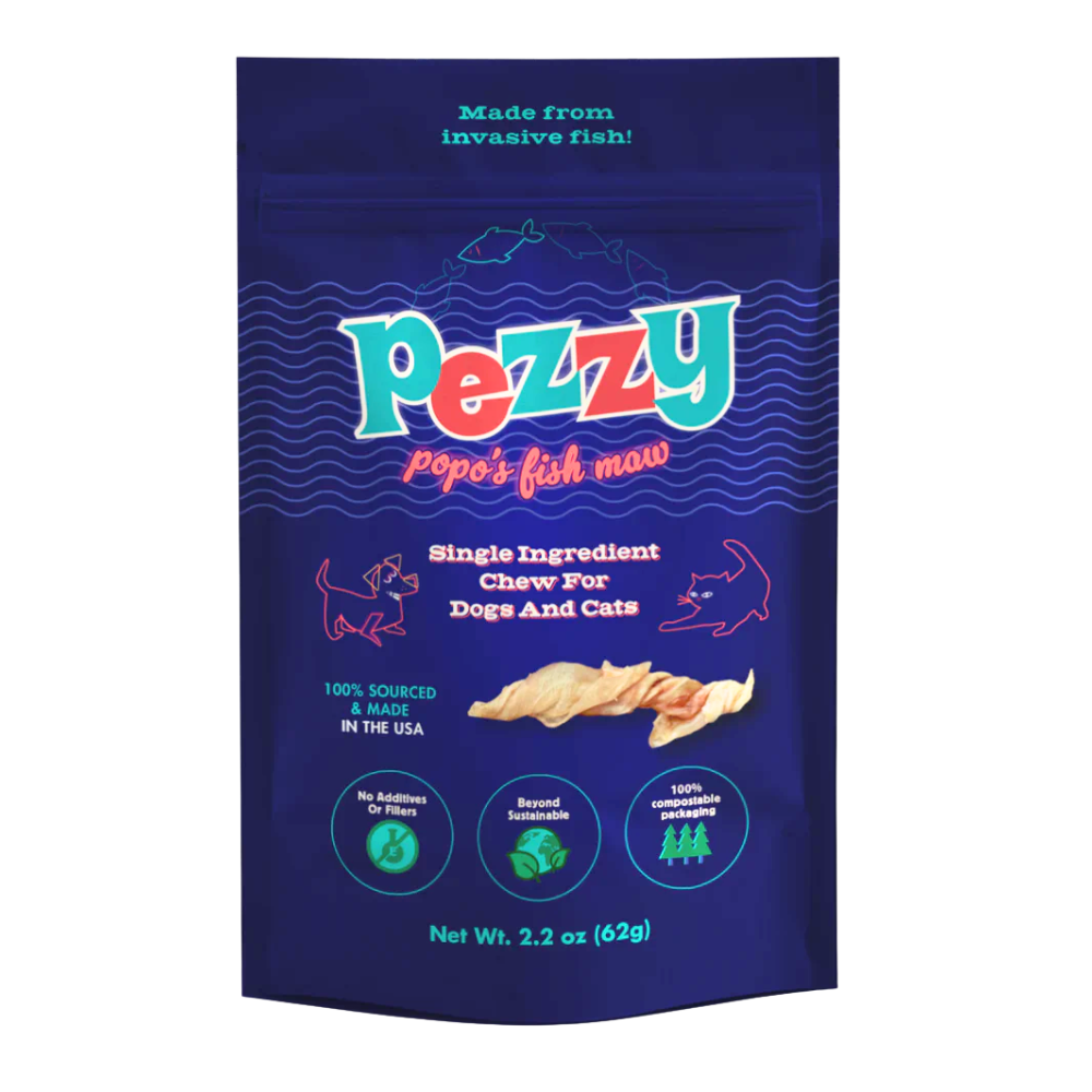 Pezzy fish maw chew packaging for dogs and cats on a blue background