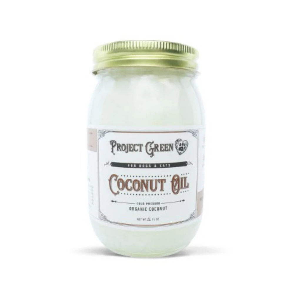 Jar of coconut oil with a gold lid on a white background, featuring 'Project Green' branding.
