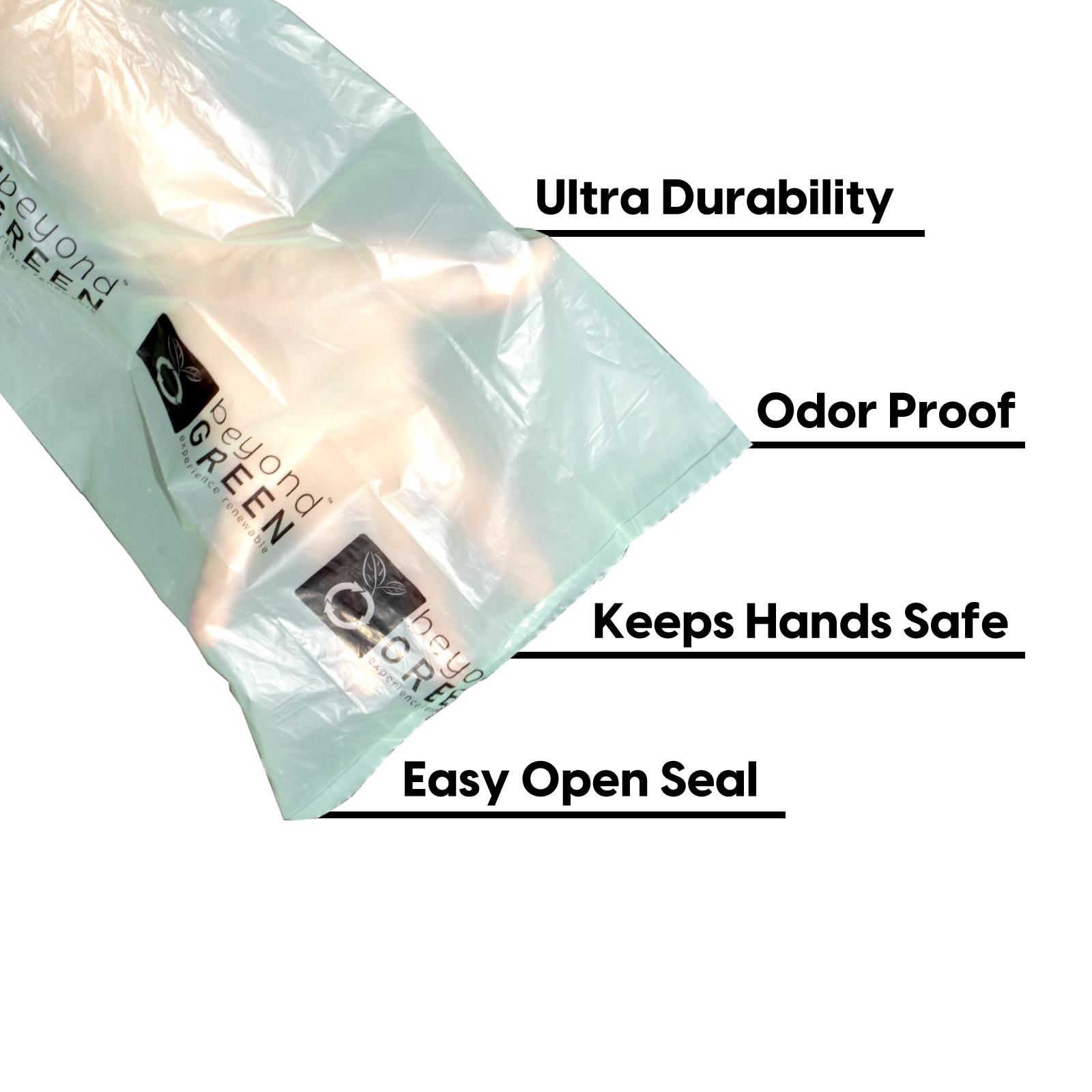 Product packaging with text highlighting durability, odor proofing, hand safety, and easy open seal.